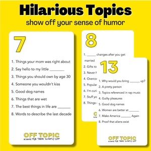 Off Topic - Adult/Teen, fast paced, hilarious board game for 2-8 players.